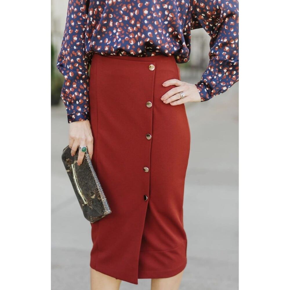Bishop + Young Button Front Pencil Skirt Sz. S NWT Copper
